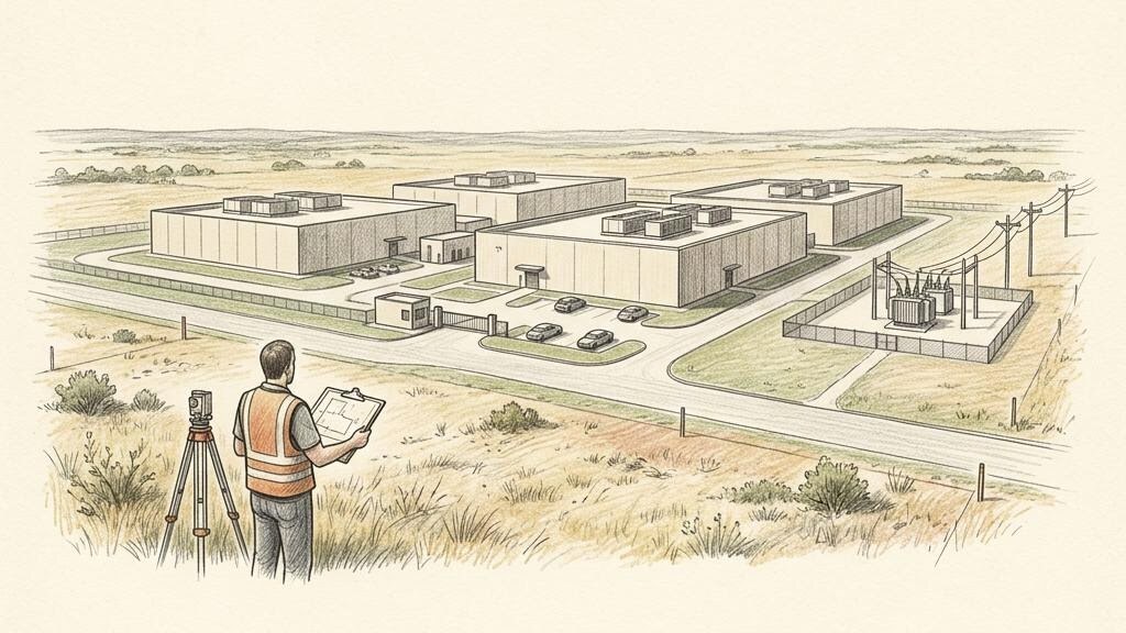 Editorial illustration for Data Centers and Powered Land: What Land-Side Site Screening Can and Cannot Confirm
