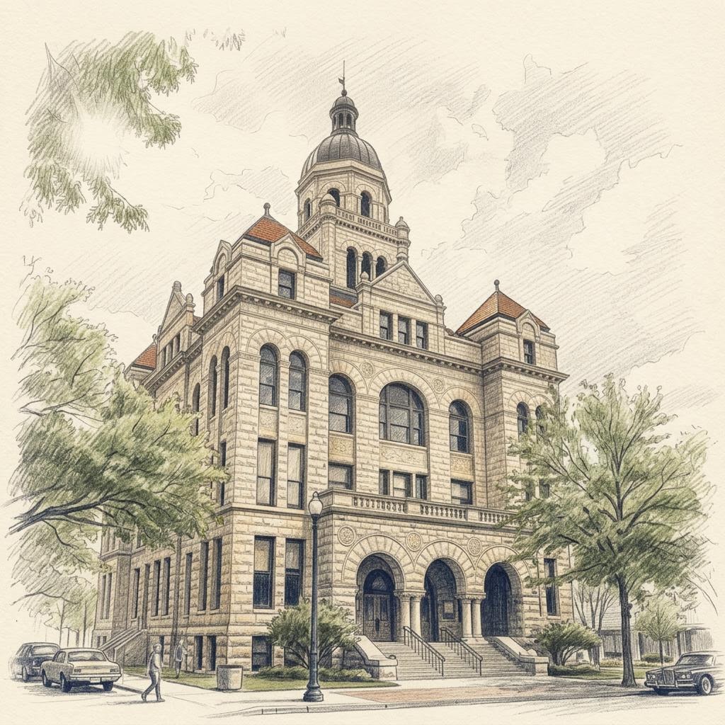 Colored-pencil illustration of the Gregg County courthouse in Longview