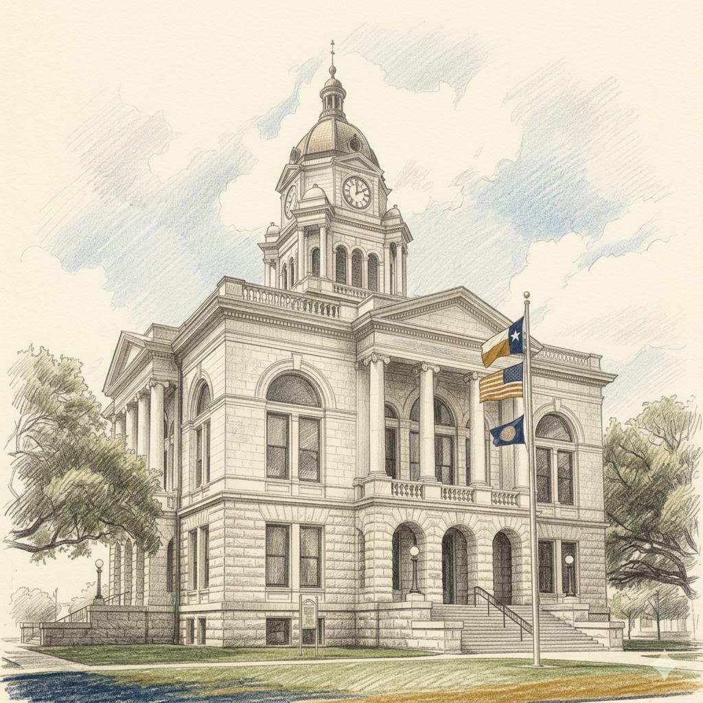Colored-pencil illustration of a courthouse in Panola County
