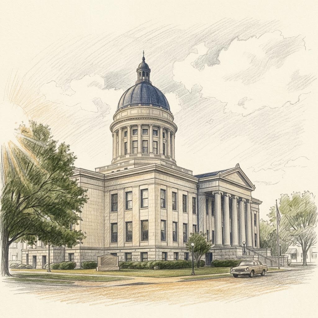 Colored-pencil illustration of a courthouse in Rusk County