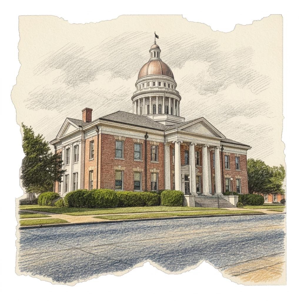 Colored-pencil illustration of county records research in Sabine County