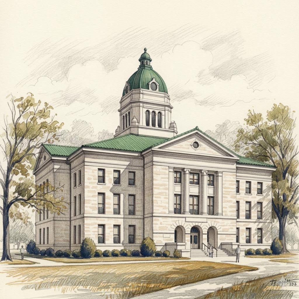Colored-pencil illustration of a courthouse in San Augustine County