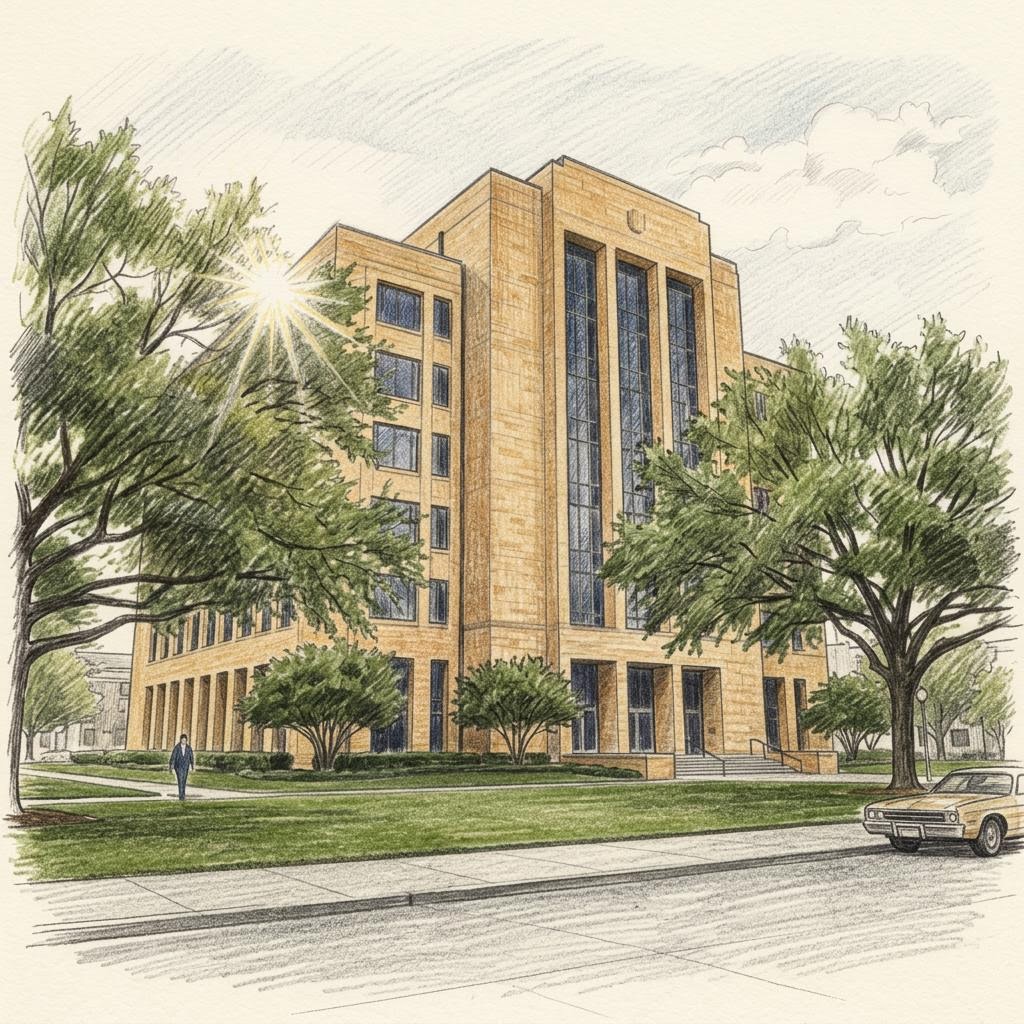 Colored-pencil illustration of a courthouse in Smith County